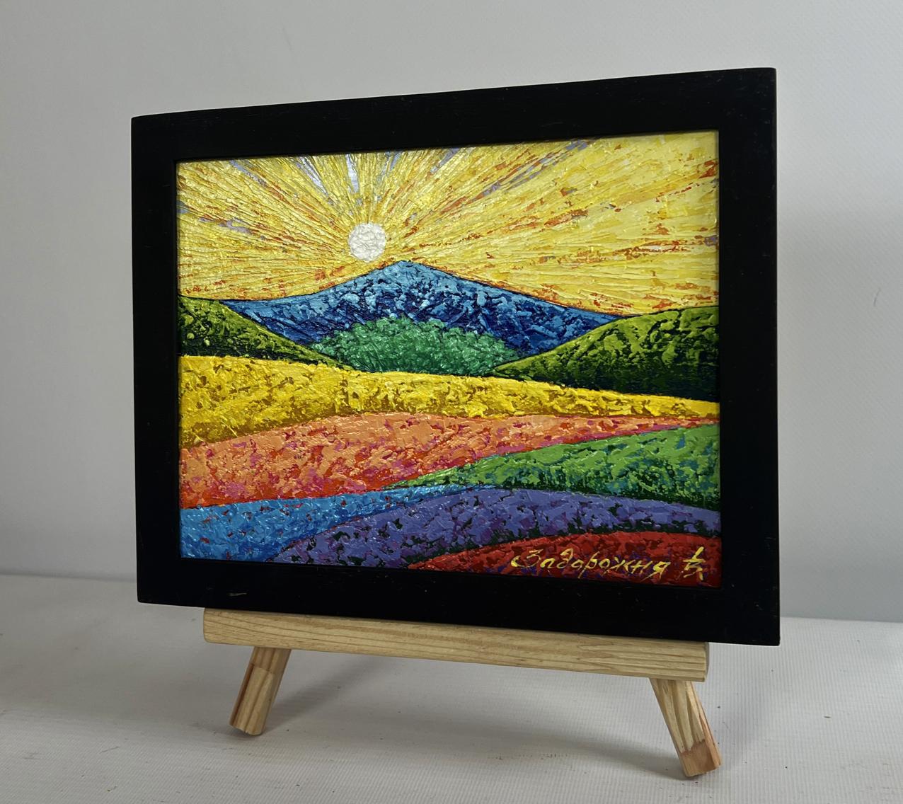 Vibrant oil painting of sunset rays over mountain valley by V. Zadorozhnya