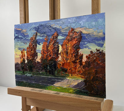 Vibrant impressionist oil painting Autumn poplars by Boris Serdyuk