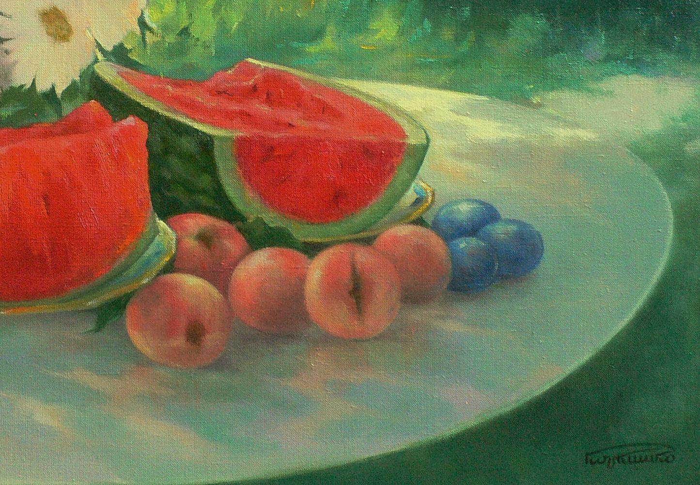 Oil painting of vibrant red watermelon slice by Vasily Korkishko