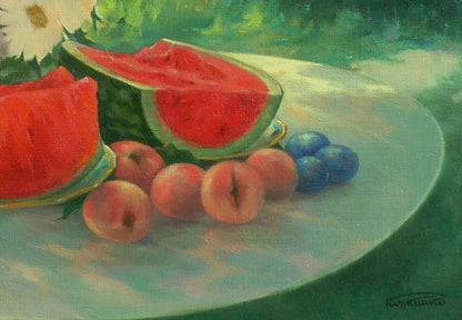 Oil painting of vibrant red watermelon slice by Vasily Korkishko