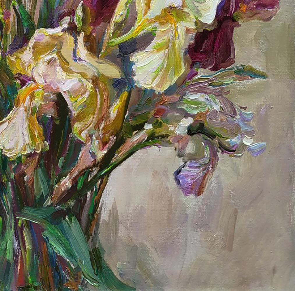 Vibrant impressionist oil painting of Leonid Pavlenko iris bouquet