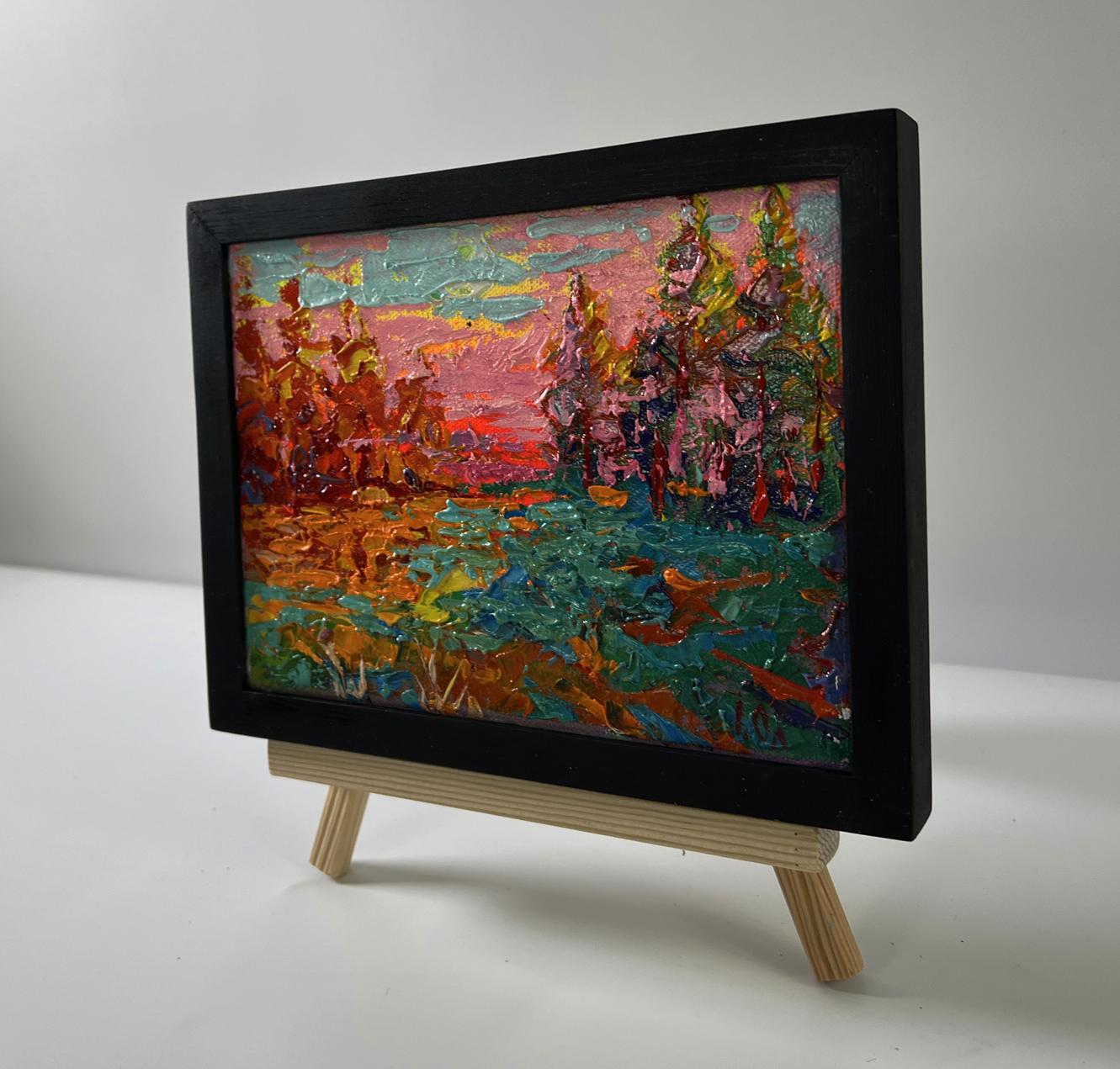 Vibrant textured oil painting of pink evening sunset forest by Oleksiy Ivanyuk in black frame