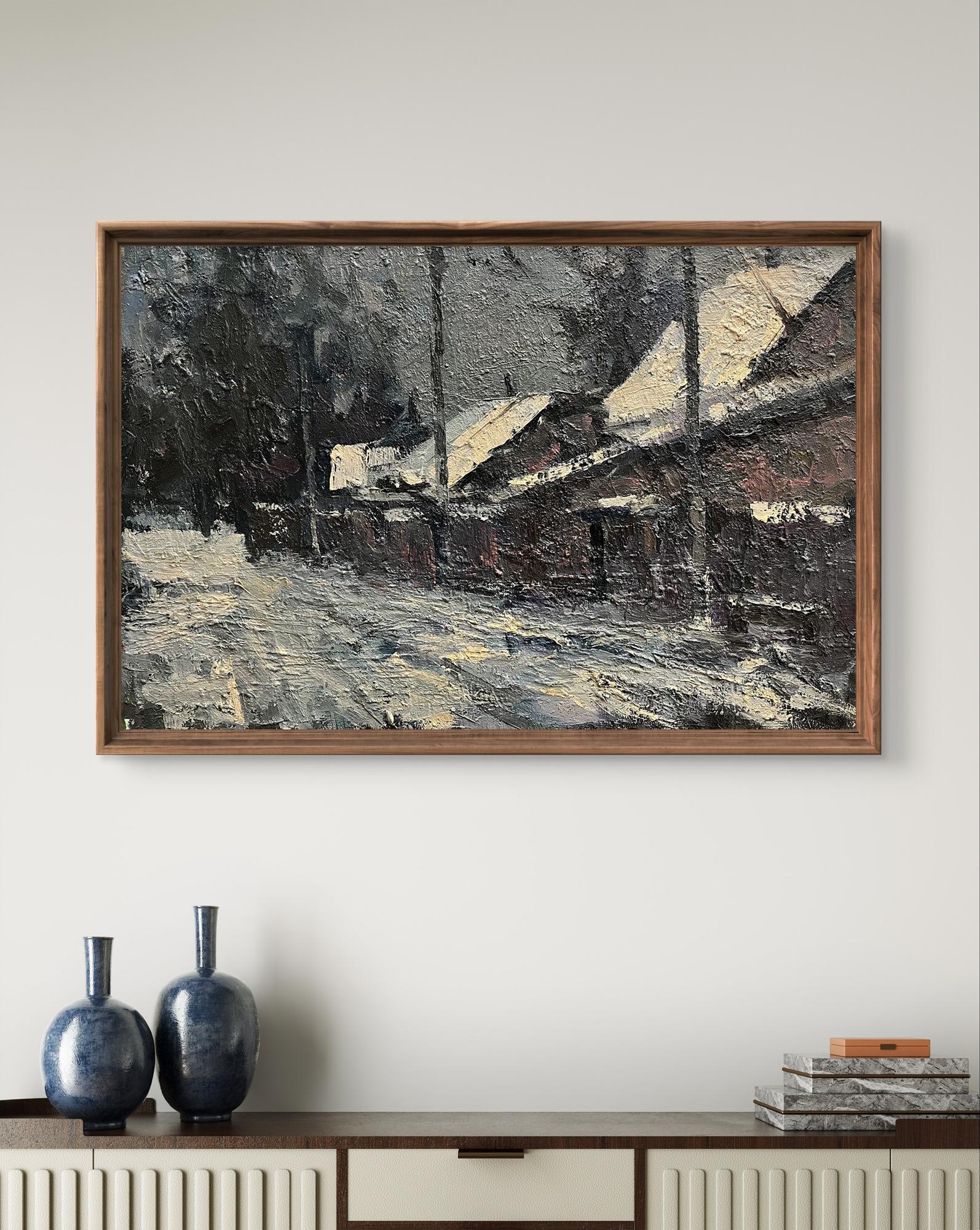 Oil painting Quiet Village by Volodymyr Pashchenko, snowy village scene