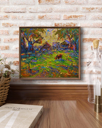 Vibrant impressionistic Oil painting On the pasture in the meadows by Oleksiy Ivanyuk in brown frame