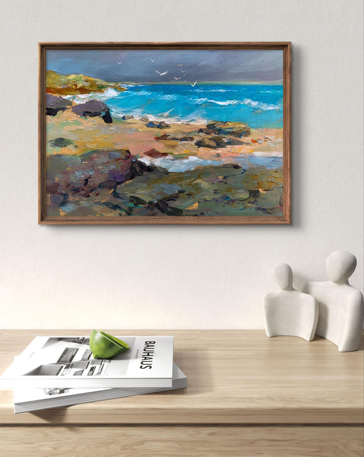 Oil painting of white seagulls on turquoise seashore by Yuriy Suprunchuk in rustic frame