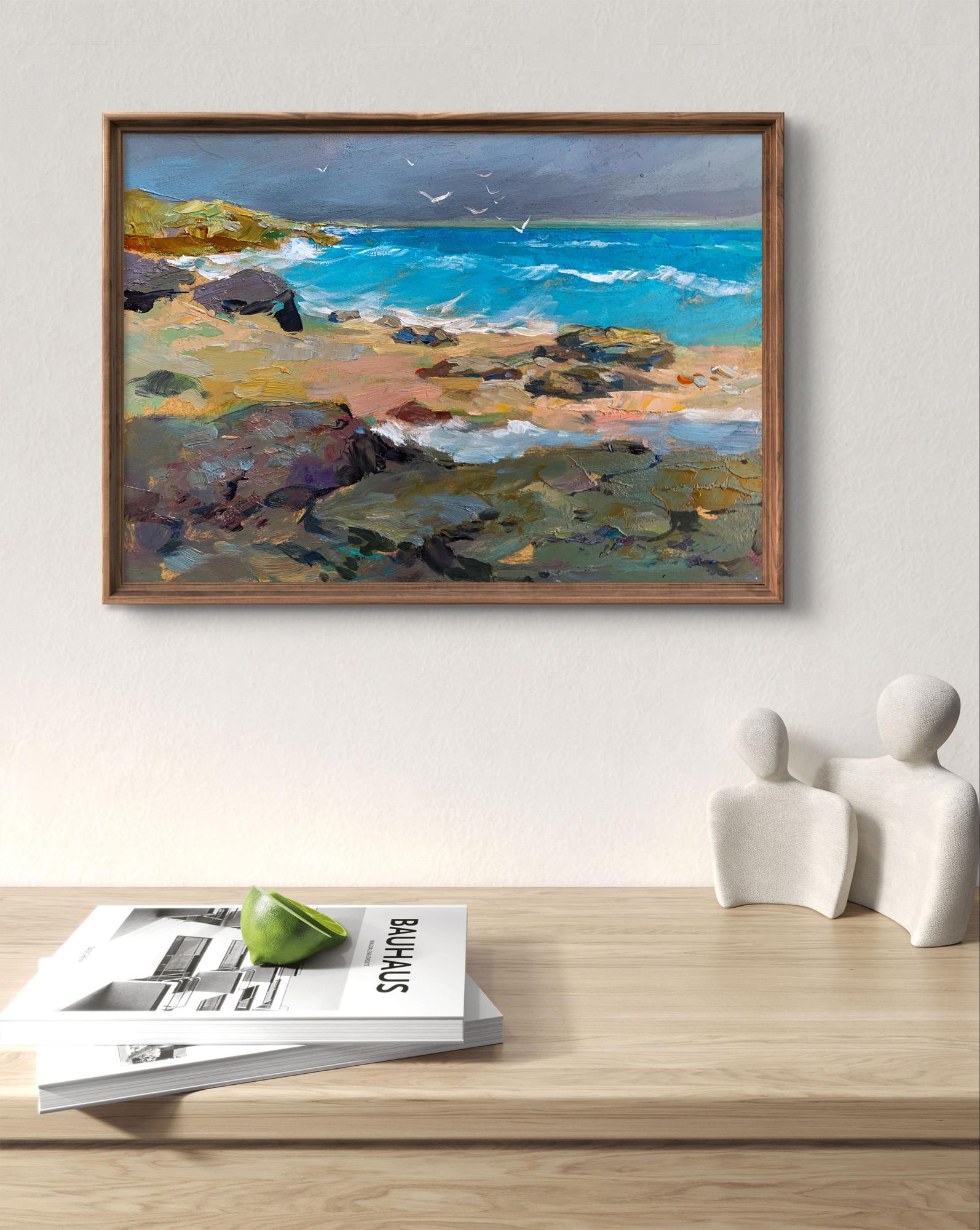 Oil painting of white seagulls on turquoise seashore by Yuriy Suprunchuk in rustic frame