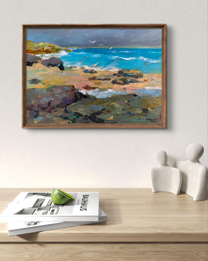 Oil painting of white seagulls on turquoise seashore by Yuriy Suprunchuk in rustic frame