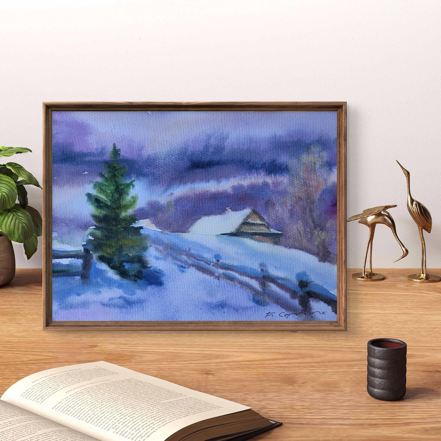 Framed watercolor Silence of a snowy day by Boris Serdyuk with pine tree house