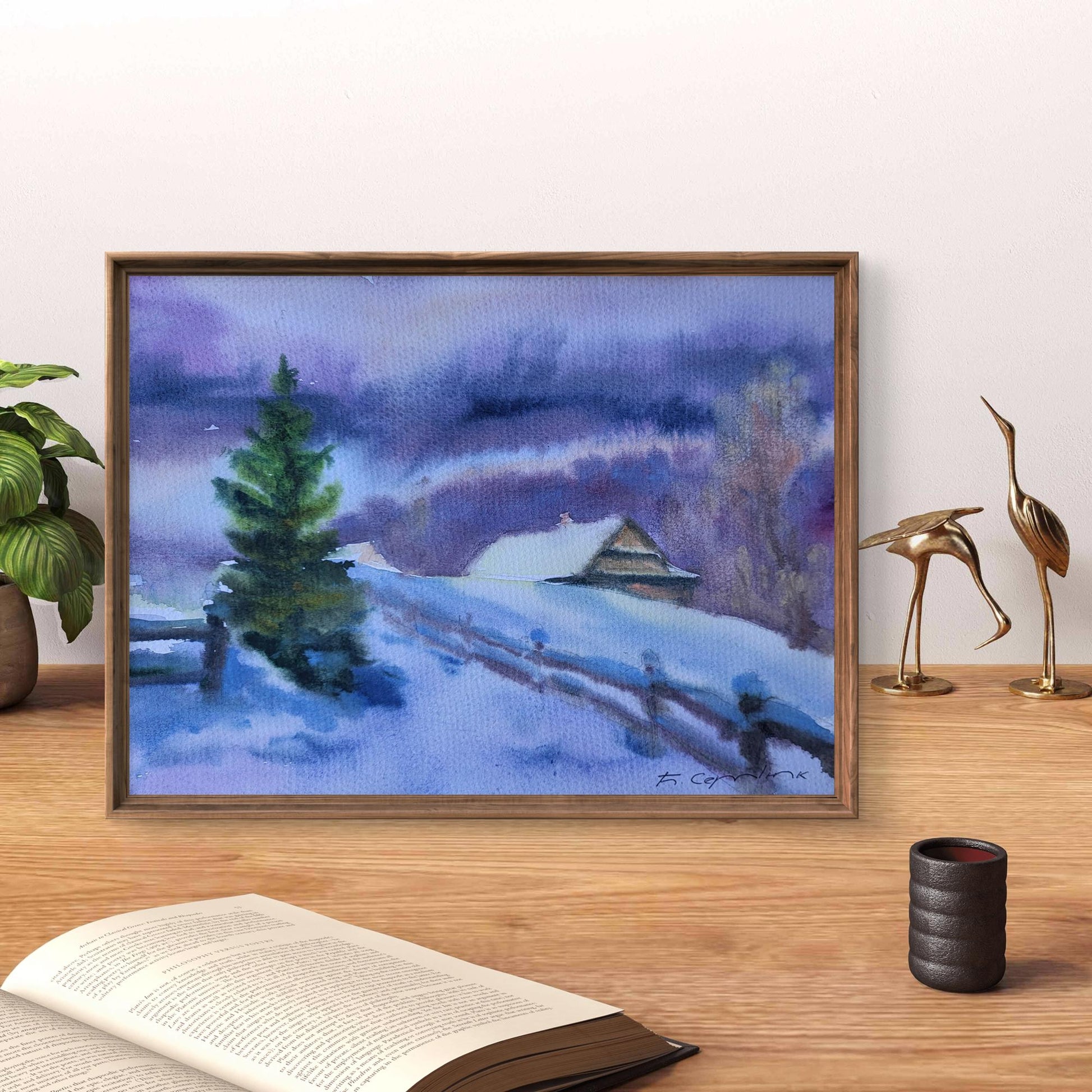 Framed watercolor Silence of a snowy day by Boris Serdyuk with pine tree house