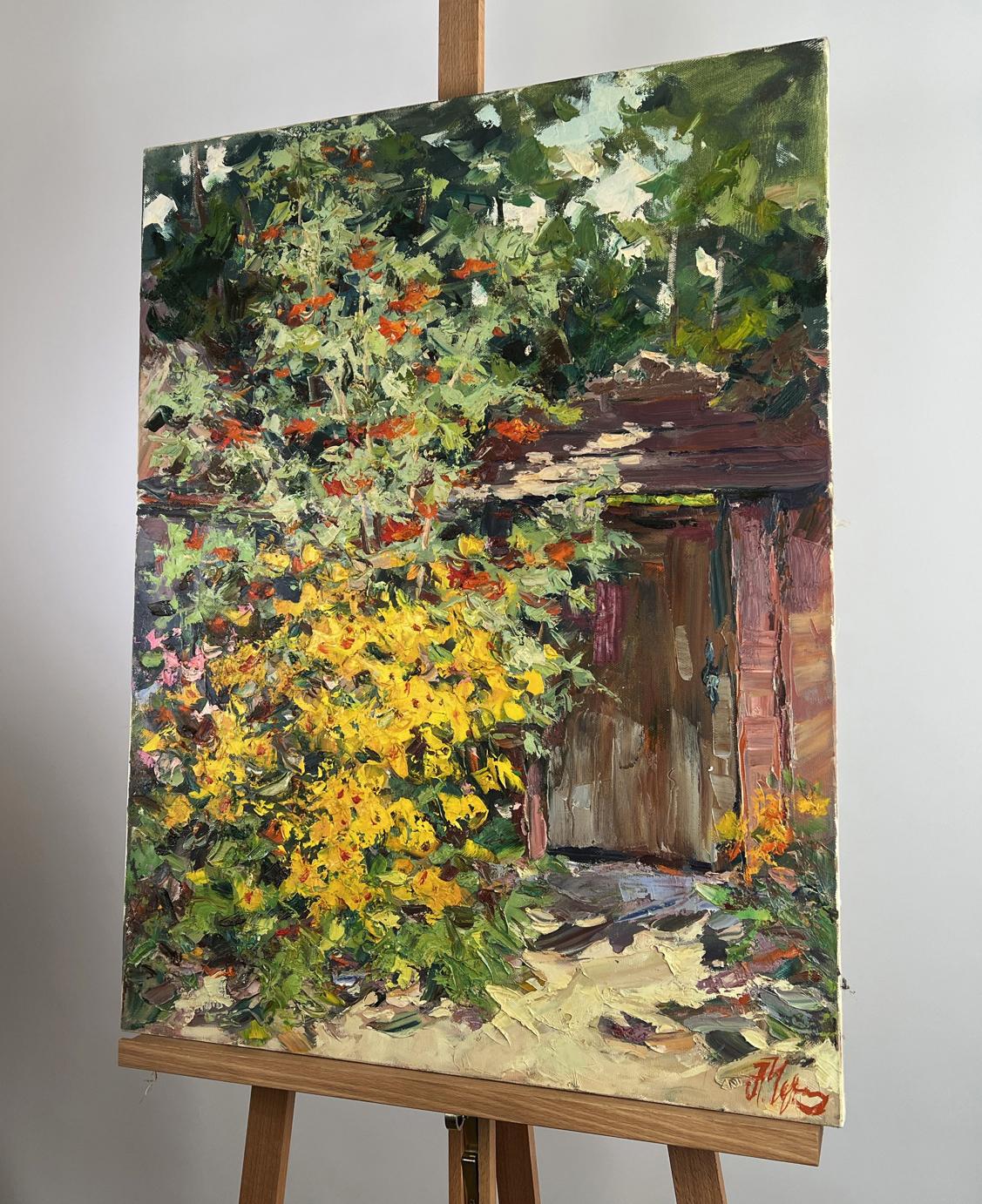 Vibrant impressionist oil painting by Alexander Cherednichenko: yellow orange garden flowers