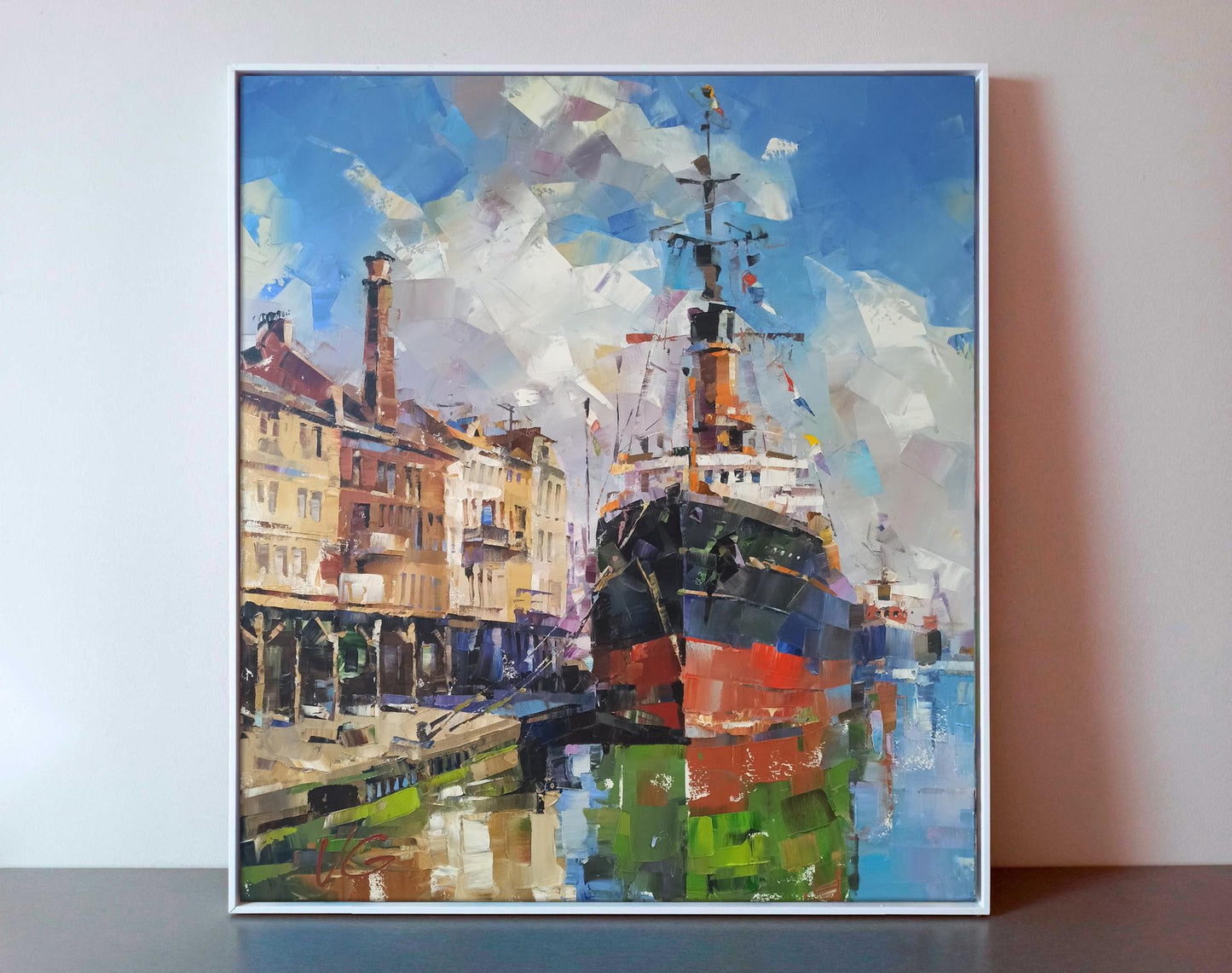 Oil painting Between two banks Volodymyr Gluhomanyuk harbor scene