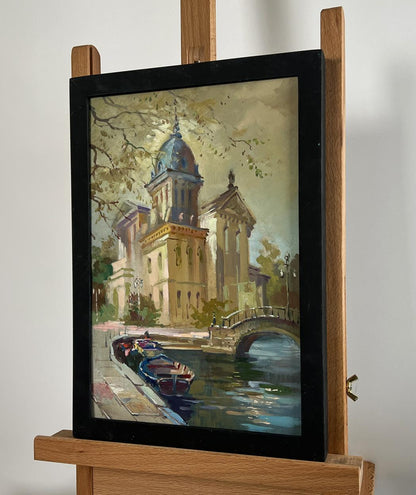 Framed oil painting of Yuriy Suprunchuk river and city heart with blue dome