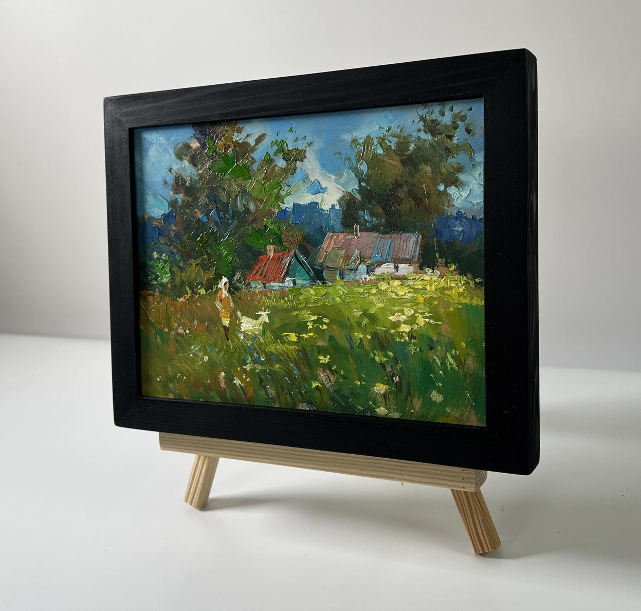Black-framed oil painting Country walk by Yuriy Suprunchuk rural scene