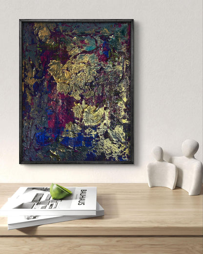 Framed Golden Lilac acrylic painting by Olga Melezhik in blues, purples, golds