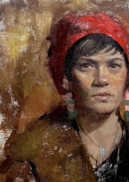 Oil painting of Kinga in vibrant red headscarf by Annam Butt