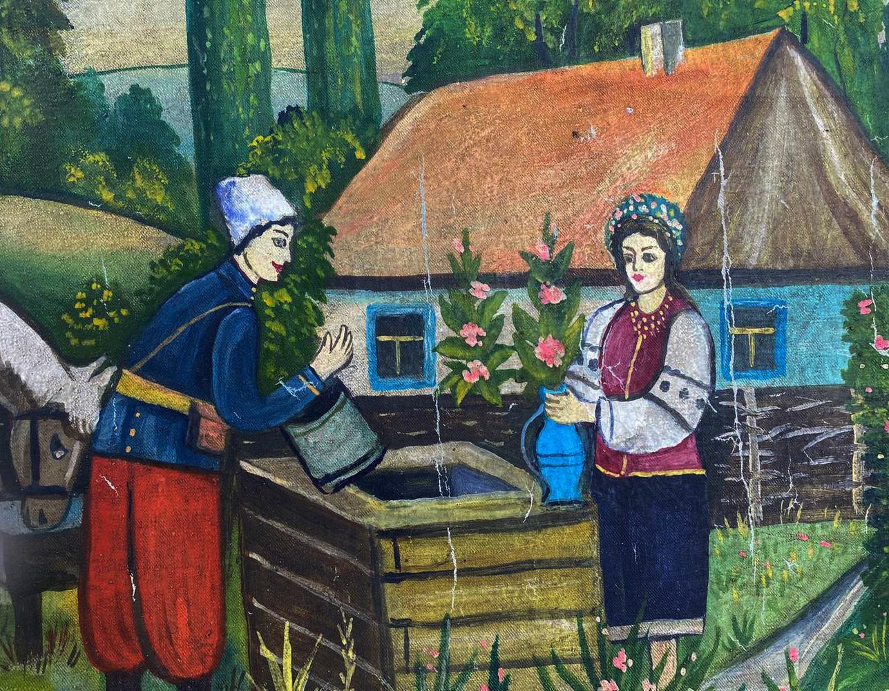 Blue ceramic watering can with pink flowers in oil painting by unknown artist