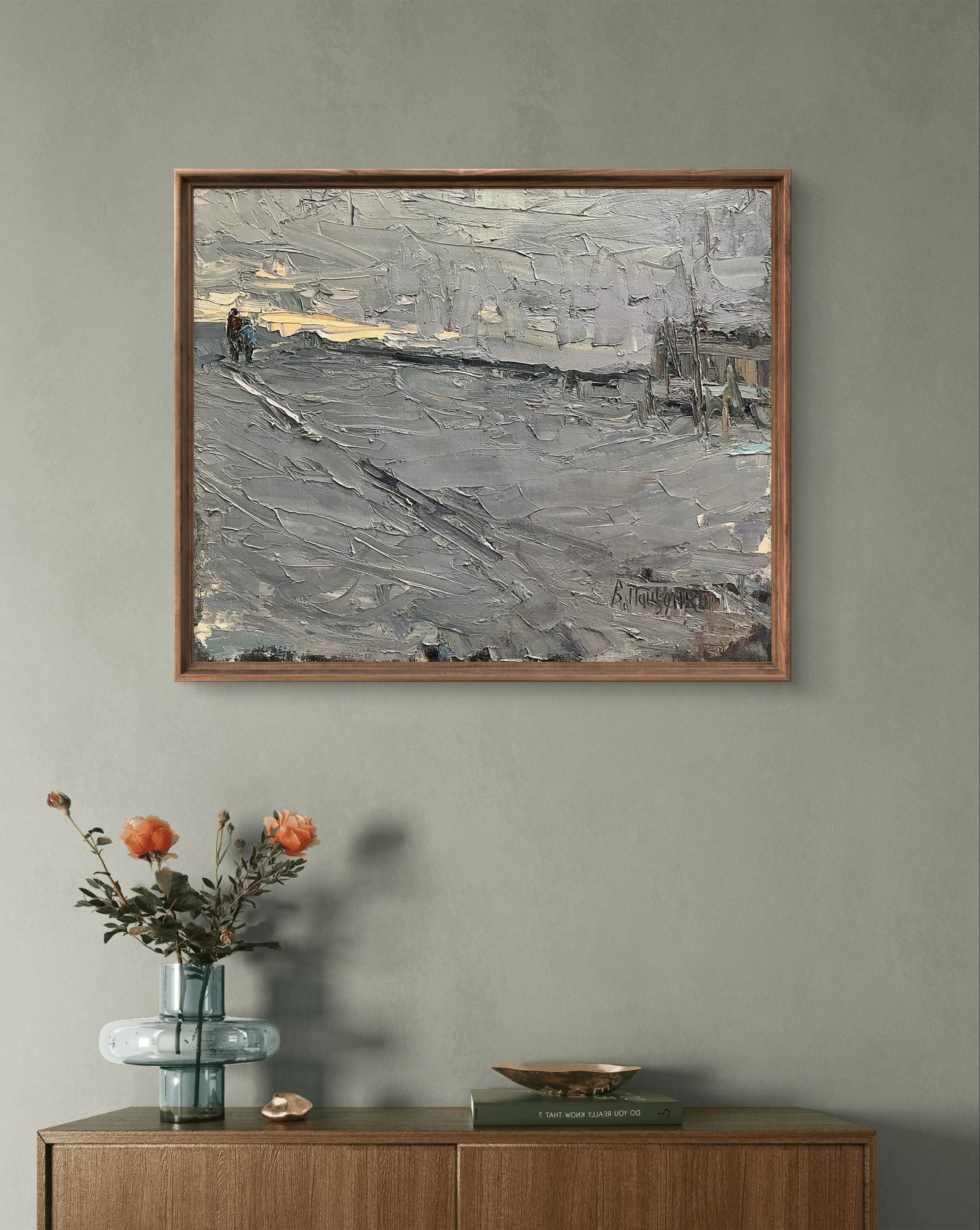 Oil painting Snowy road by Volodymyr Pashchenko, framed abstract landscape