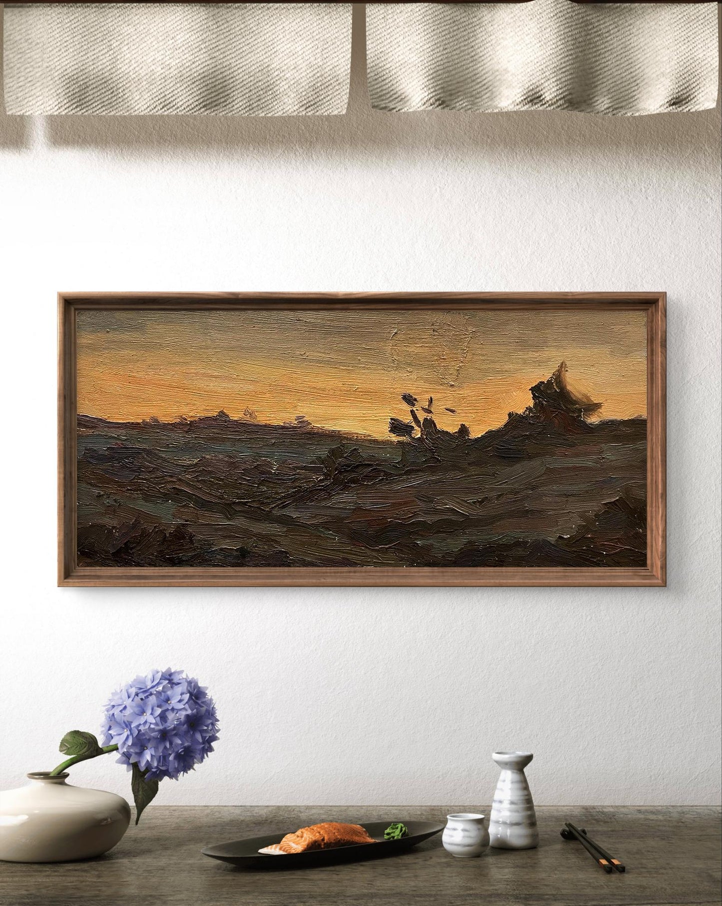 Oil painting In the West by Oleg Kravets: dramatic sunset over rugged terrain