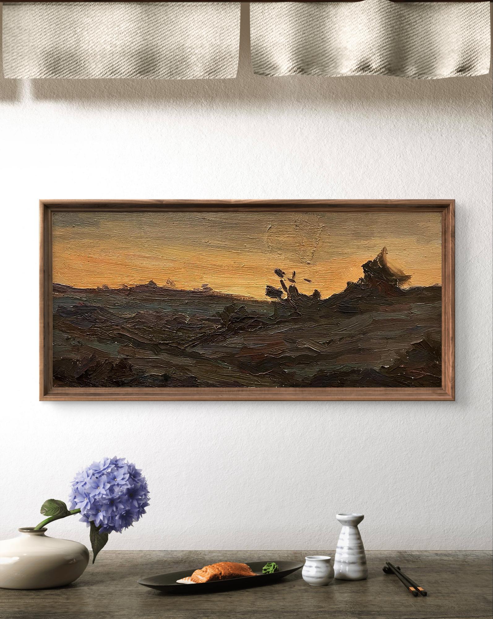 Oil painting In the West by Oleg Kravets: dramatic sunset over rugged terrain