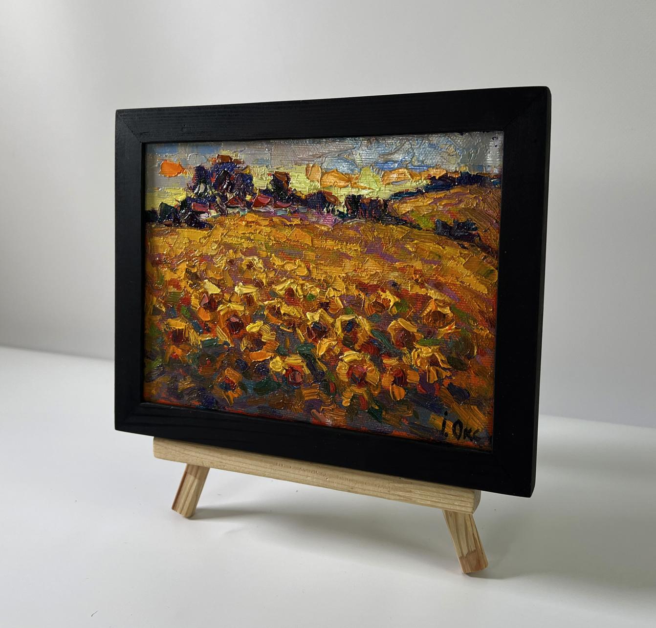Oil painting Sunset in the field by Oksana Ivanyuk, vibrant sunflower field in golds