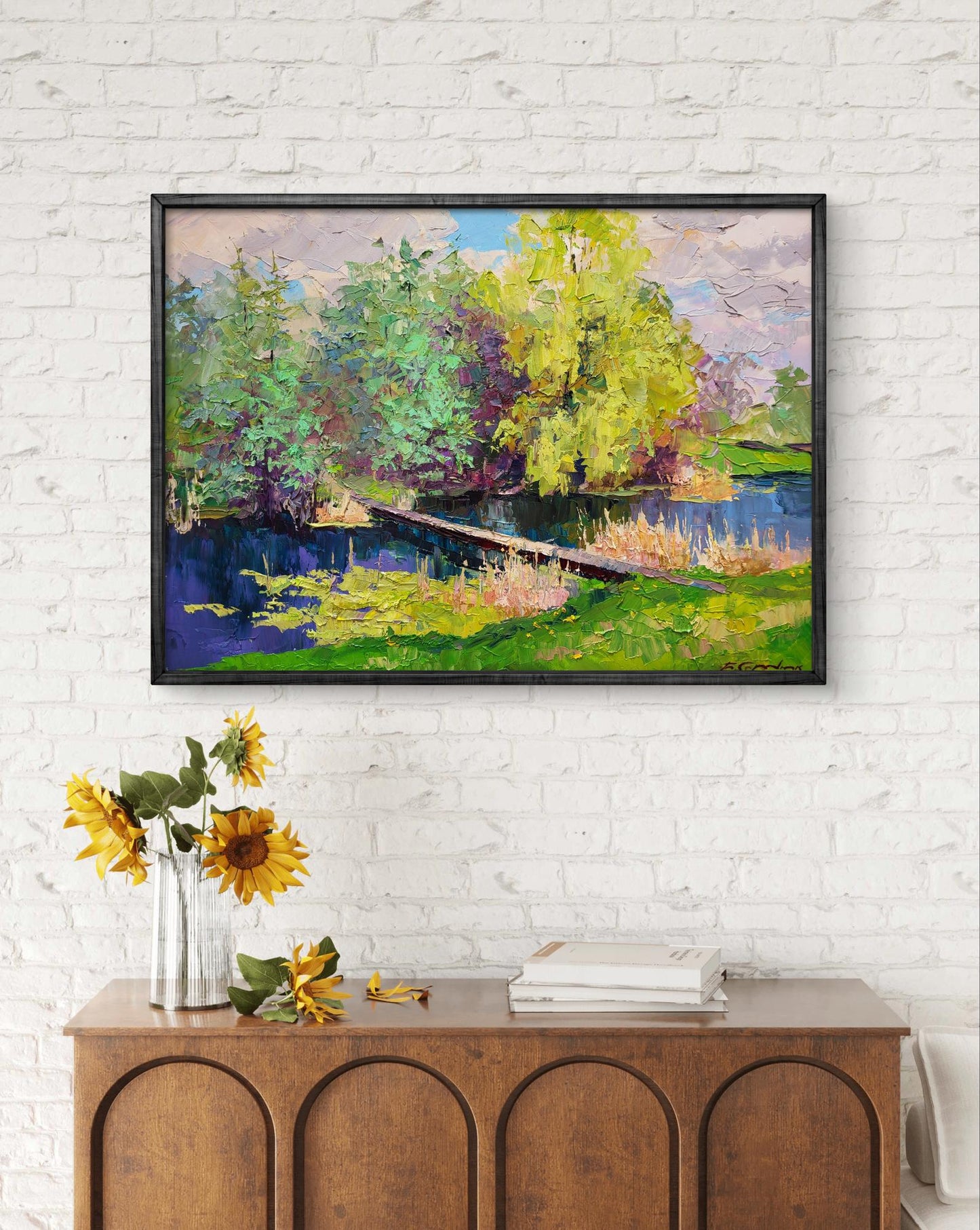 Oil painting Bridge by Boris Serdyuk: impressionist landscape in black frame
