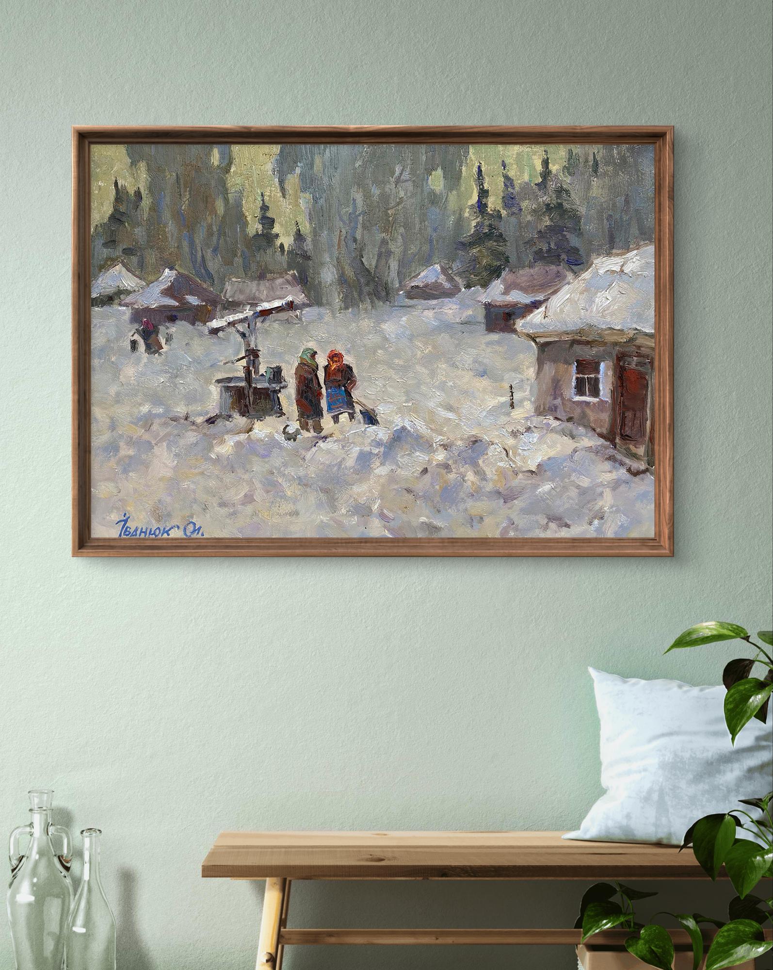 Framed Oleksiy Ivanyuk oil painting of snowy village rumors scene