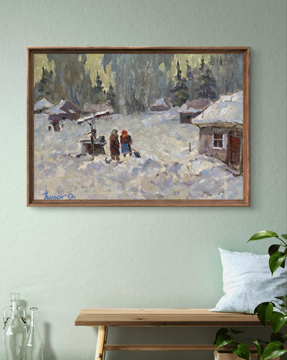 Framed Oleksiy Ivanyuk oil painting of snowy village rumors scene