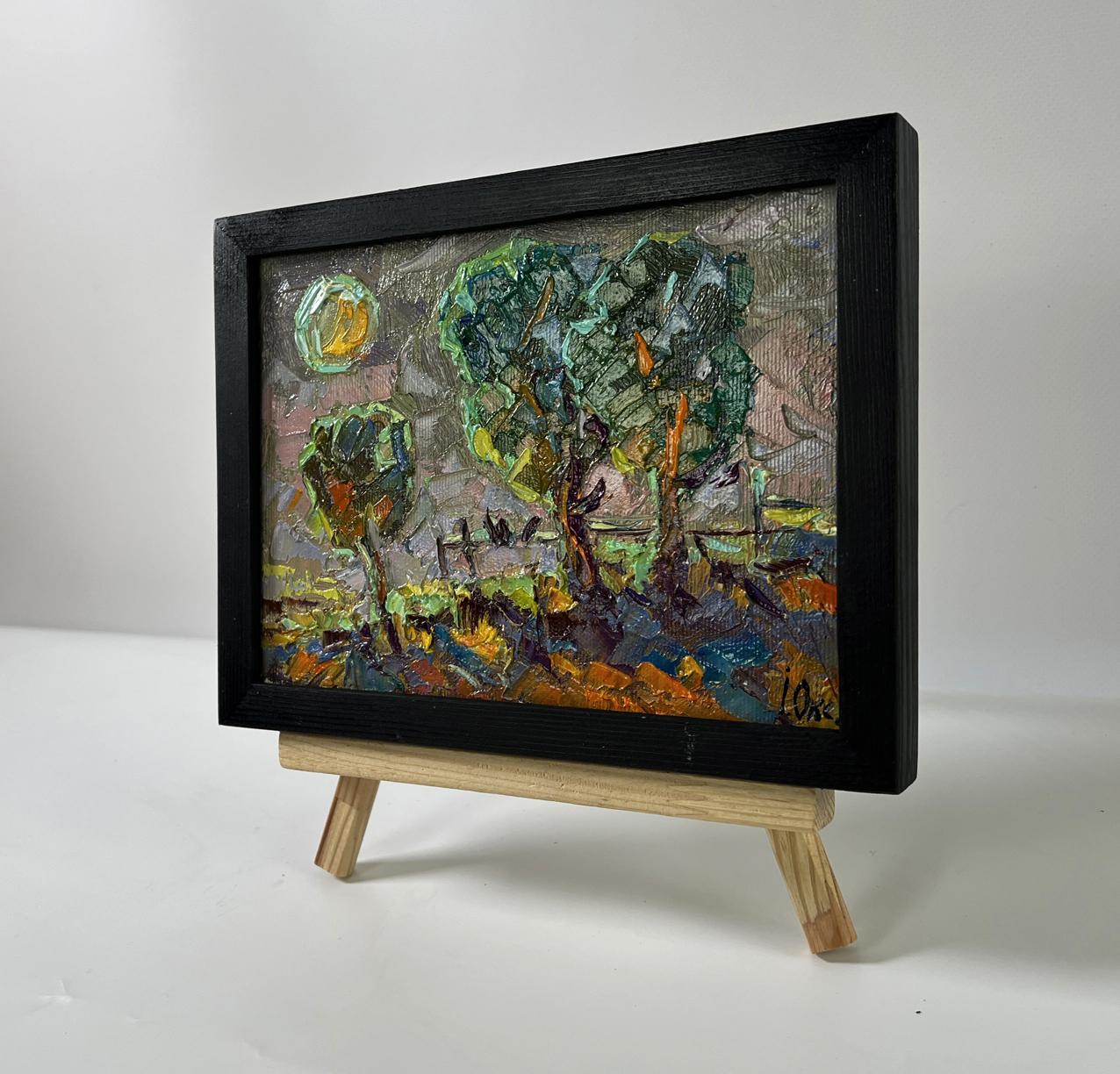 Oil painting Moonlit night by Oksana Ivanyuk with trees, sun, earthy landscape