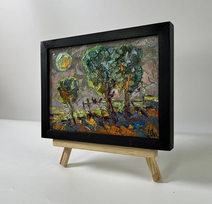 Oil painting Moonlit night by Oksana Ivanyuk with trees, sun, earthy landscape
