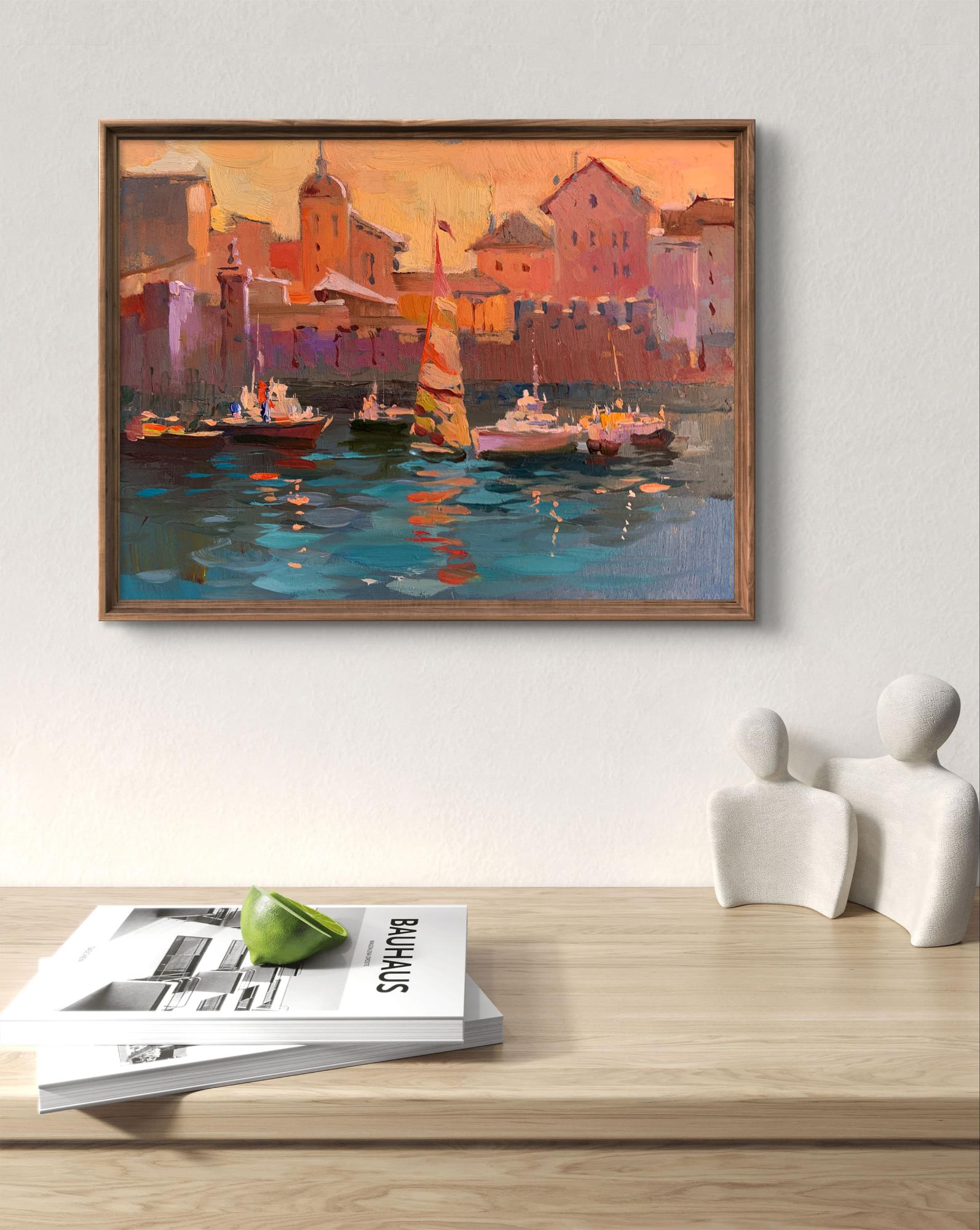Framed oil painting Evening at the yacht club by Yuriy Suprunchuk