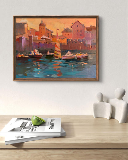 Framed oil painting Evening at the yacht club by Yuriy Suprunchuk