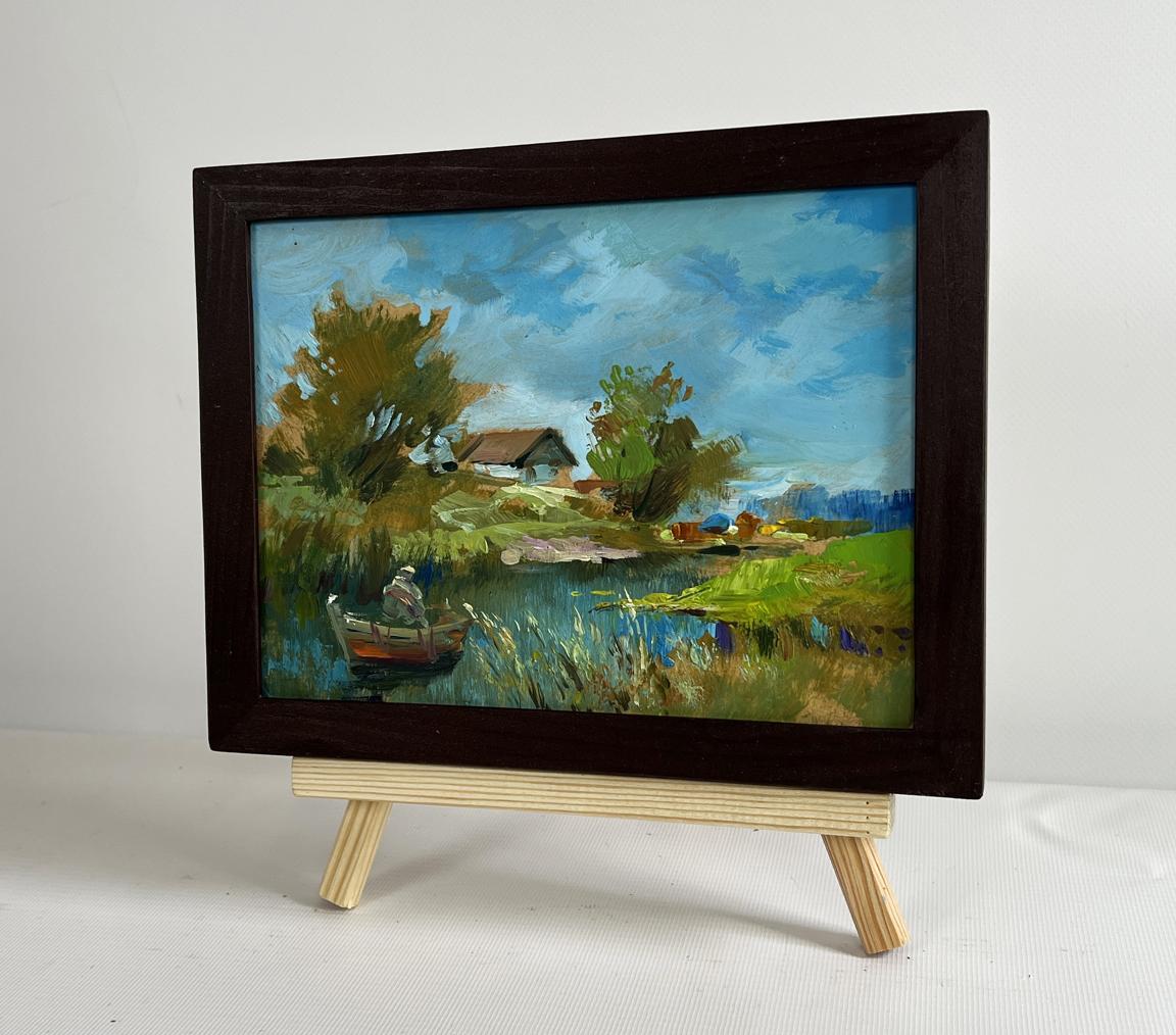 Serene lakeside oil painting by Yuriy Suprunchuk with boat and house