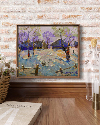 Framed impressionist oil painting of snowy village by Oleksiy Ivanyuk