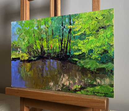 Vibrant green blue impressionist oil painting of forested spring riverbank by Boris Serdyuk
