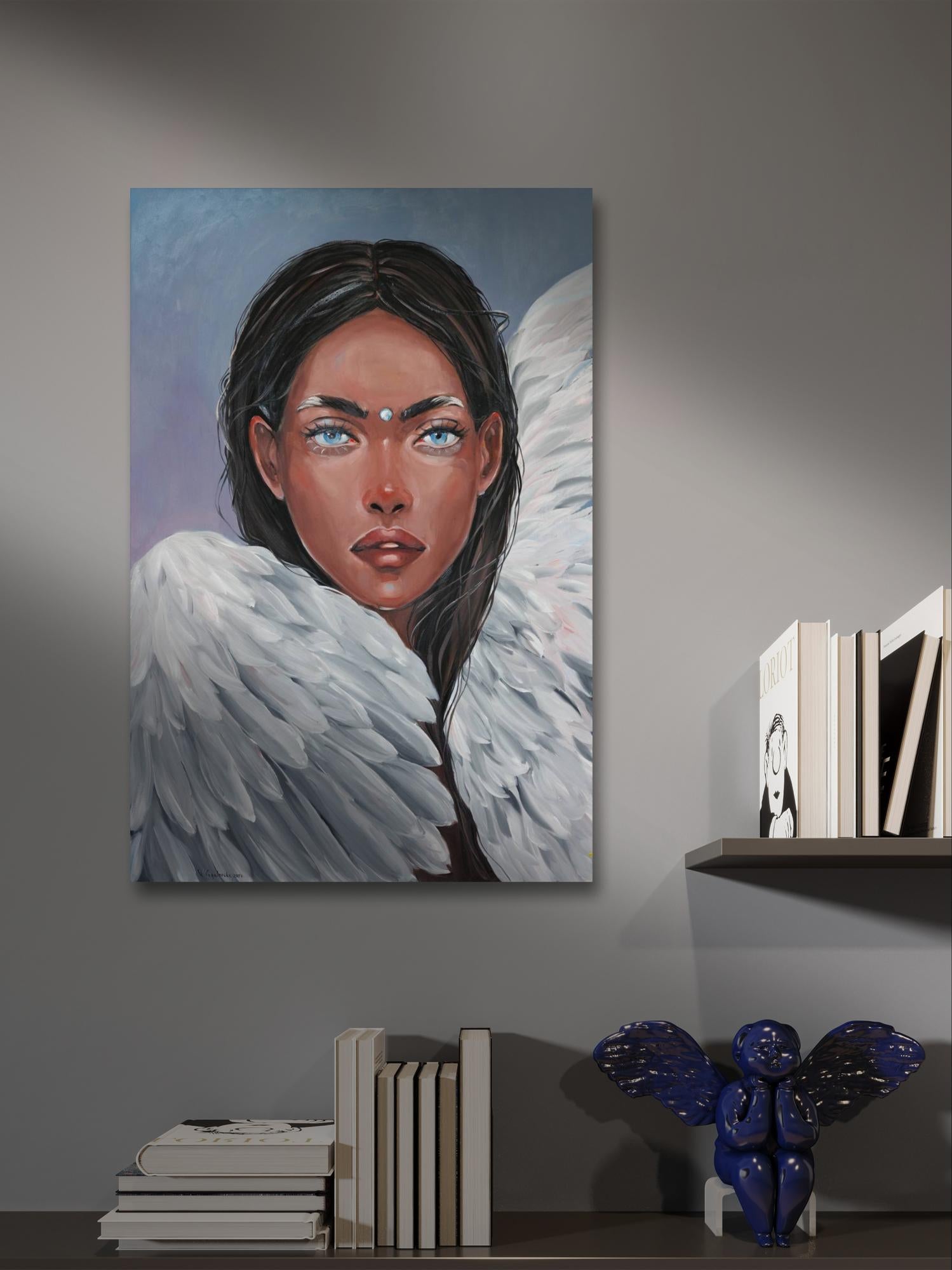 Oil painting Wings Victoria Kagalovska: woman with dark hair, blue eyes, angel wings