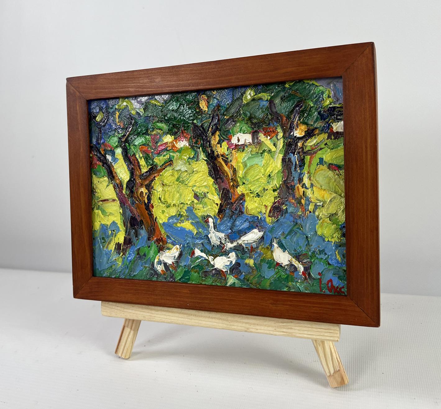 Vibrant impressionist oil painting of white geese by Oksana Ivanyuk in wooden frame
