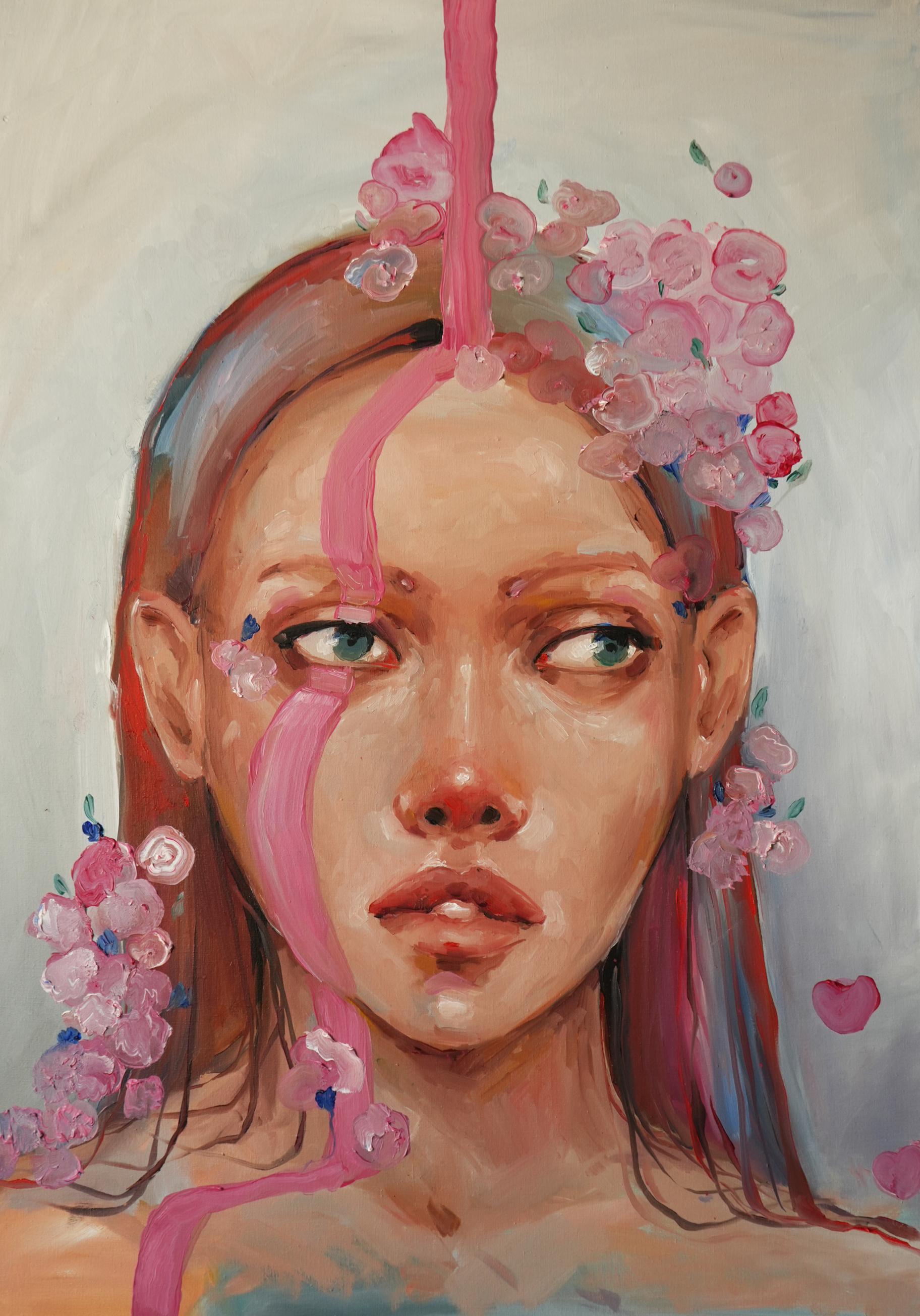 Surreal oil painting Pink rain by Victoria Kagalovska with pink floral woman