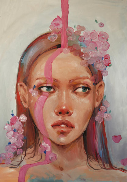 Surreal oil painting Pink rain by Victoria Kagalovska with pink floral woman