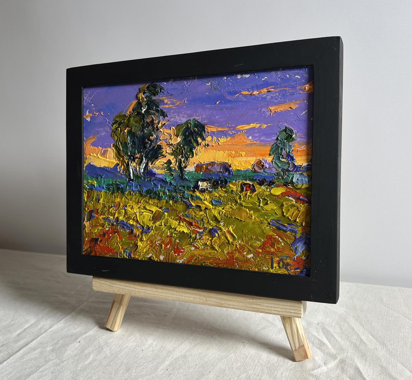 Oil painting The day passes with a yellow sunset by Oleksiy Ivanyuk in black frame