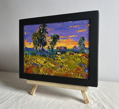 Oil painting The day passes with a yellow sunset by Oleksiy Ivanyuk in black frame