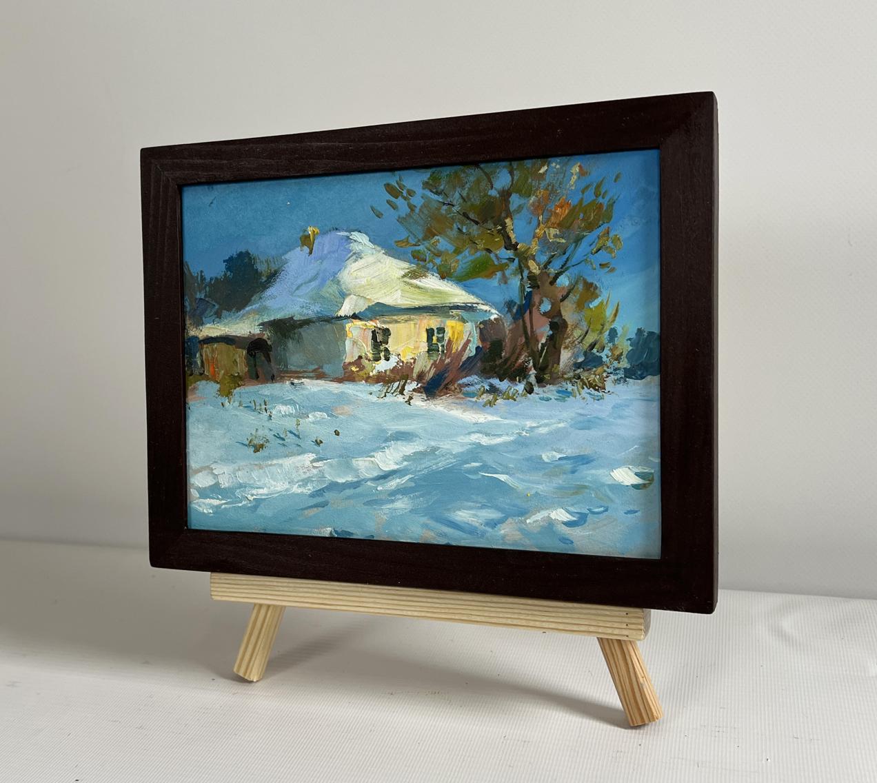 Oil painting Beautiful winter morning by Yuriy Suprunchuk in dark wood frame