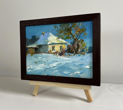 Oil painting Beautiful winter morning by Yuriy Suprunchuk in dark wood frame