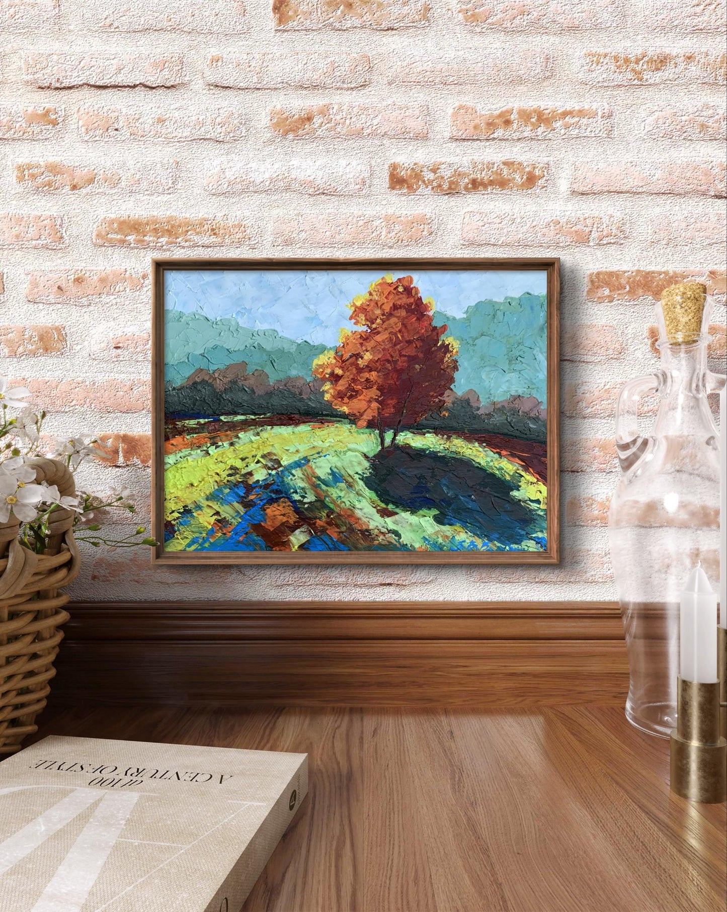 Framed oil painting Autumn tree by V. Zadorozhnya, vibrant foliage