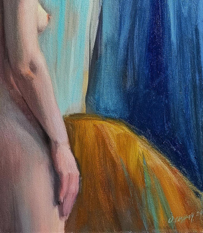 Impressionistic oil painting of figure arm on yellow fabric by Oksana Osnach