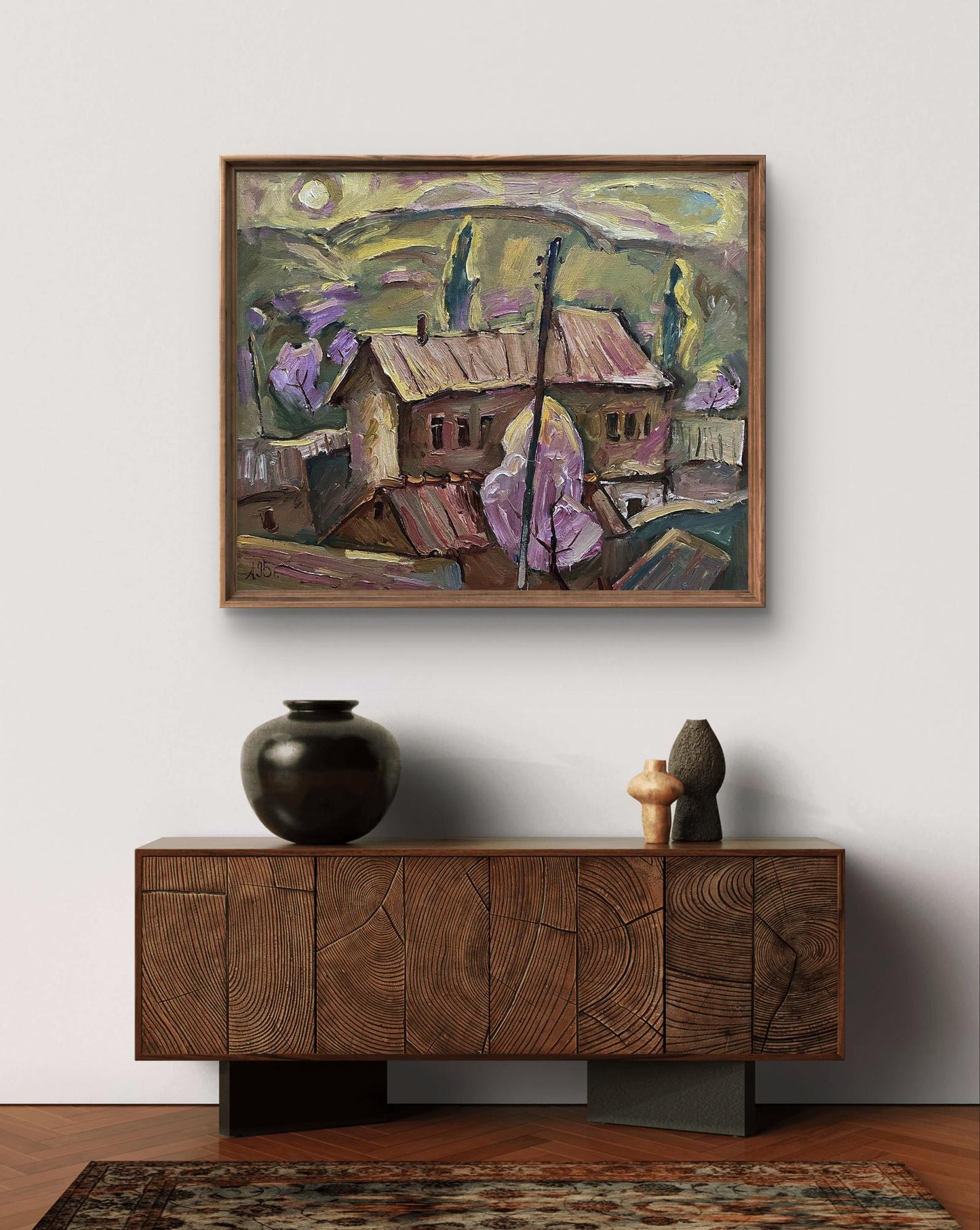 Oil painting Spring day by Oleksandr Andreev village scene in wooden frame