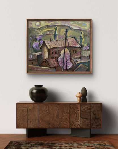 Oil painting Spring day by Oleksandr Andreev village scene in wooden frame