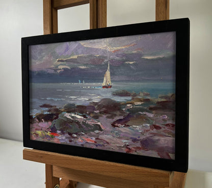 Framed oil painting of sailboat on blue waves by Yuriy Suprunchuk