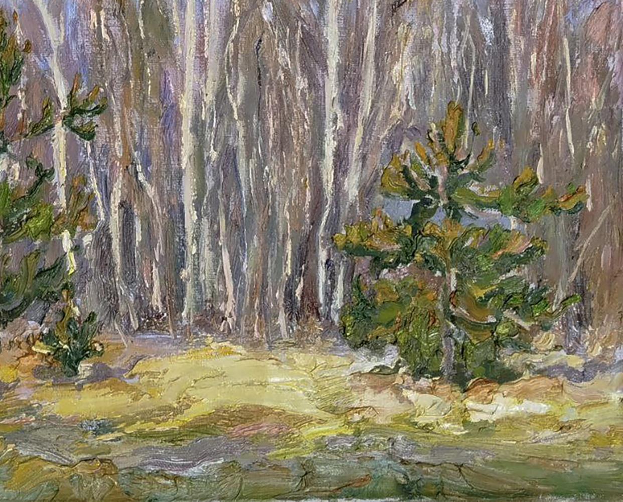 Oil painting of spring blooming forest by Leonid Pavlenko with birch trees