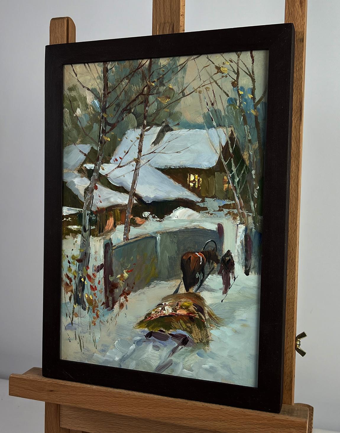 Oil painting Home on a winter evening by Yuriy Suprunchuk in black frame