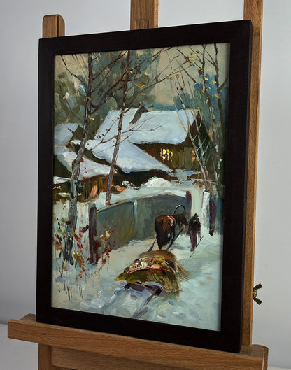 Oil painting Home on a winter evening by Yuriy Suprunchuk in black frame